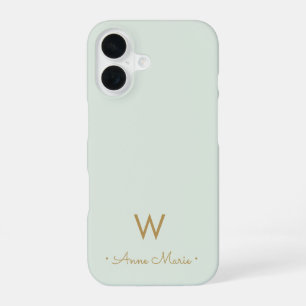 Modern Sage Green Gold Script Monogram iPhone 16 Case