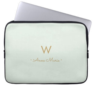Modern Sage Green Gold Script Monogram Laptop Sleeve