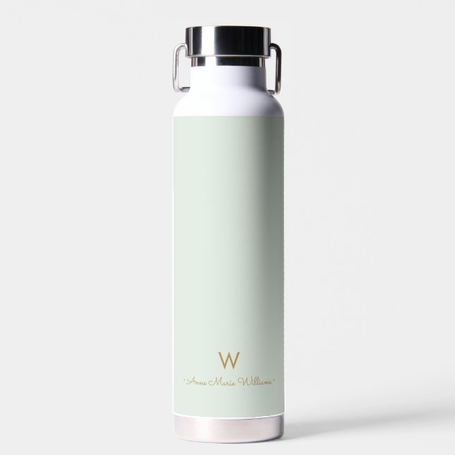Modern Sage Green Gold Script Monogram Water Bottle (Front)