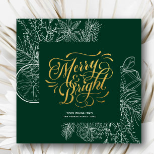 Modern Sage Green Gold Script Pine Bough Floral  Holiday Card