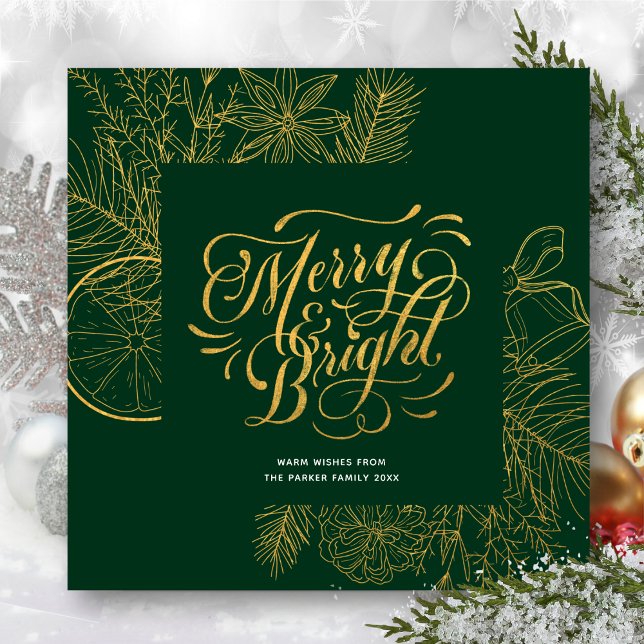Modern Sage Green Gold Script Pine Bough Floral  Holiday Card (Creator Uploaded)