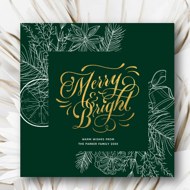 Modern Sage Green Gold Script Pine Bough Floral  Holiday Card (Creator Uploaded)