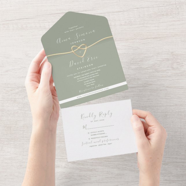 Modern Sage Green Gold Wedding All In One Invitation (Tearaway)