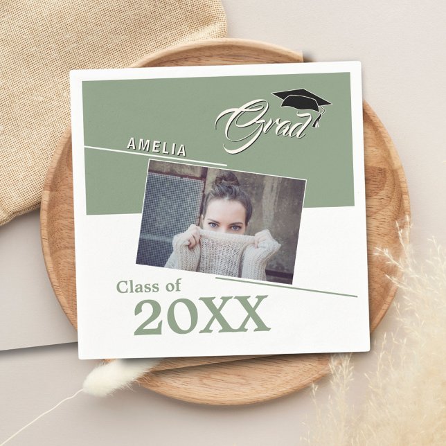 Modern Sage Green Graduate Photo Graduation Party  Napkin (Creator Uploaded)