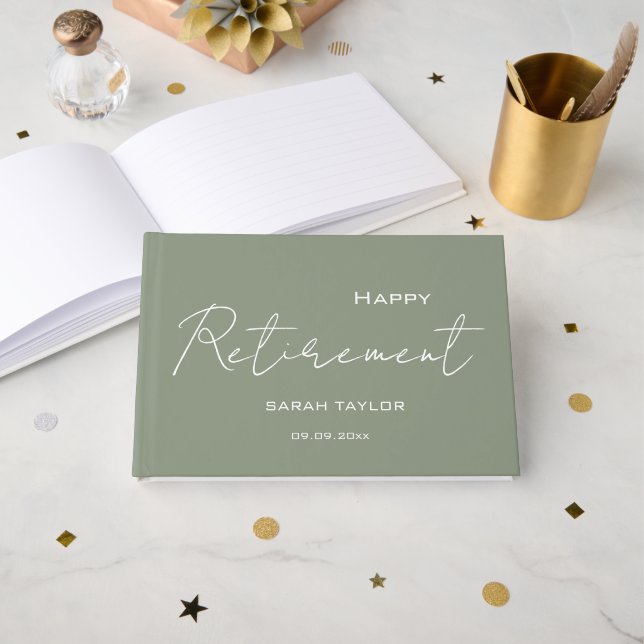 Modern Sage Green Happy Retirement Personalised  Guest Book (Front Open)