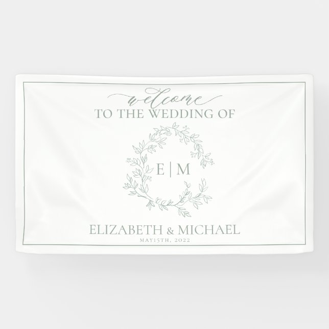 Modern Sage Green Leafy Crest Monogram Wedding Banner (Horizontal)