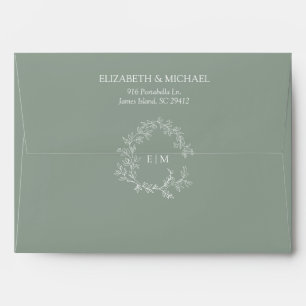 Modern Sage Green Leafy Crest Monogram Wedding Envelope