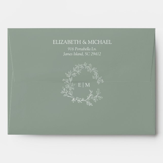 Modern Sage Green Leafy Crest Monogram Wedding Envelope (Back (Top Flap))