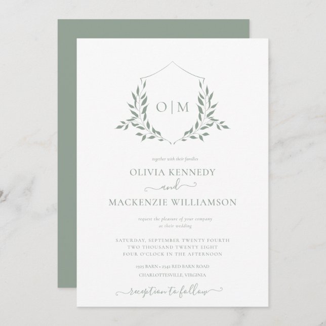 Modern Sage Green Leafy Crest Monogram Wedding  Invitation (Front/Back)