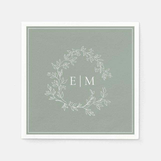 Modern Sage Green Leafy Crest Monogram Wedding Nap Napkin (Front)
