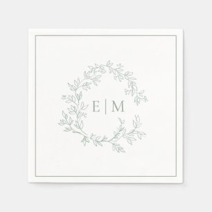 Modern Sage Green Leafy Crest Monogram Wedding Napkin