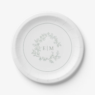 Modern Sage Green Leafy Crest Monogram Wedding Paper Plate