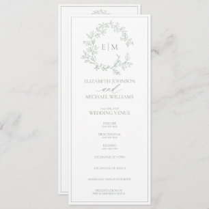 Modern Sage Green Leafy Crest Monogram Wedding Program