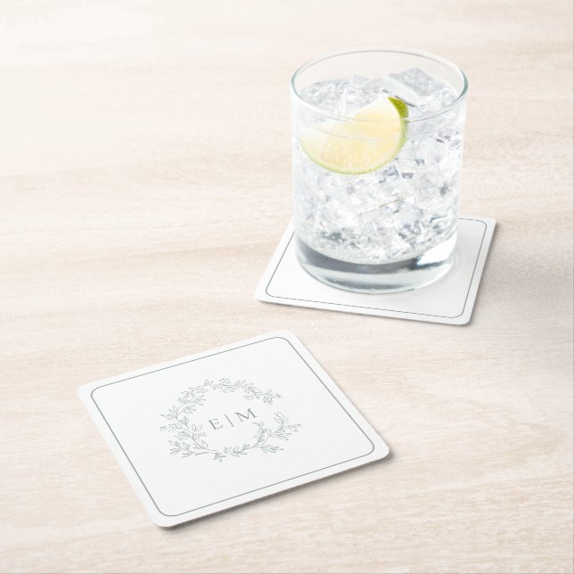Modern Sage Green Leafy Crest Monogram Wedding Square Paper Coaster (Insitu)