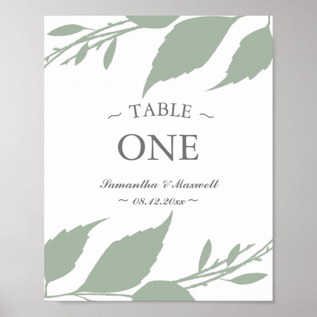 Modern Sage Green Leaves Table Number Poster (Front)