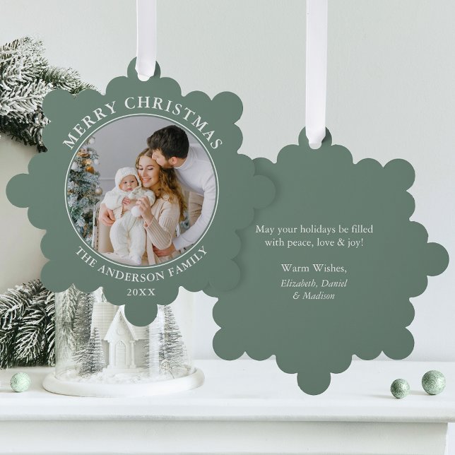 Modern Sage Green Merry Christmas Photo Tree Decoration Card (A greeting card that is also an ornament! Customize with your photo and personalized text.)