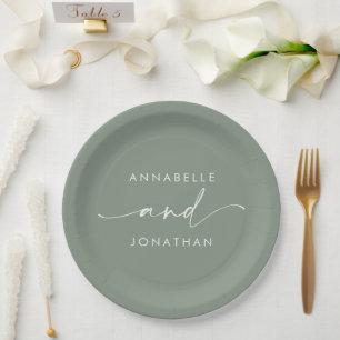 Modern sage green minimal contemporary wedding paper plate