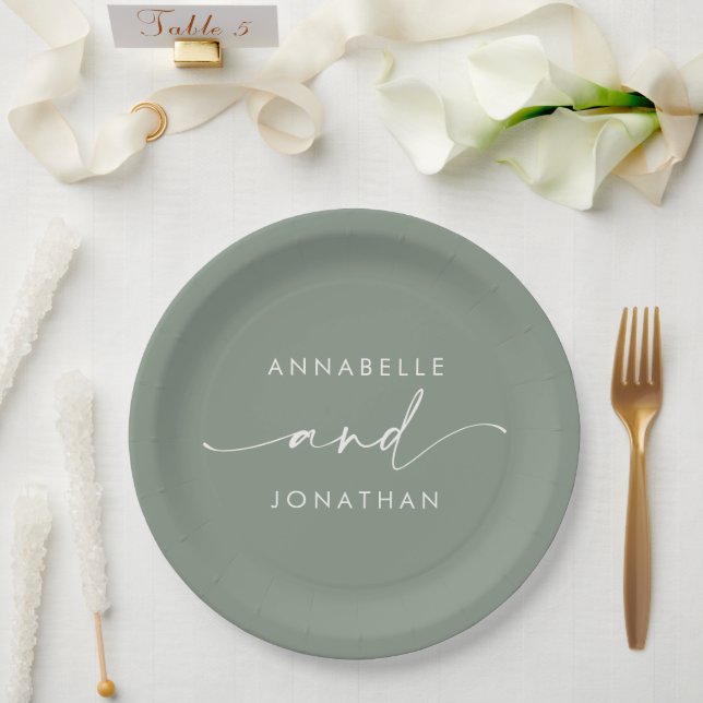 Modern sage green minimal contemporary wedding paper plate (Wedding)
