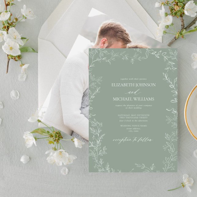 Modern Sage Green Minimal Leaf Photo Wedding Invitation (Creator Uploaded)