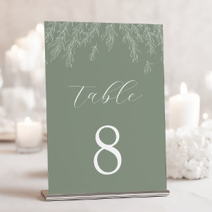 Modern Sage Green Minimal Leaves Wedding Table Number