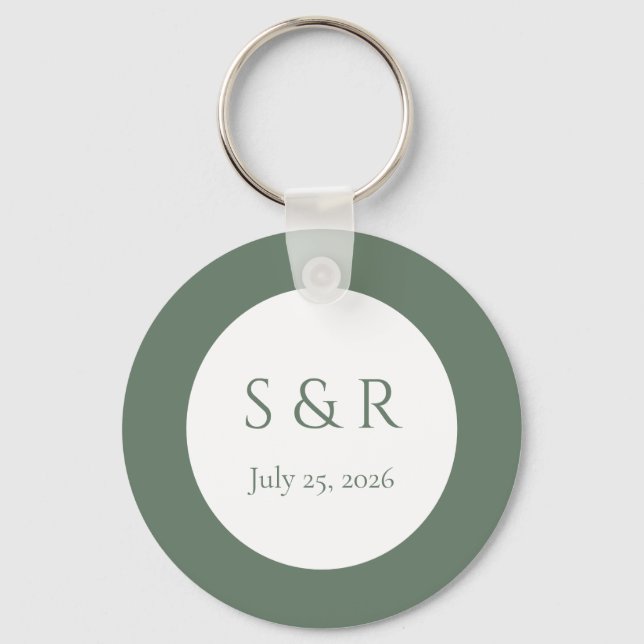 Modern Sage Green Minimal Monogram Wedding Favour  Key Ring (Front)
