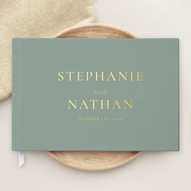 Modern Sage Green Minimalist Gold Foil Wedding Guest Book (Creator Uploaded)