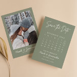 Modern Sage Green Minimalist Photo Calendar Boho Save The Date<br><div class="desc">Modern Sage Green Minimalist Photo Calendar Boho Save the Date. Easily personalise by replacing each info. Please upload a vertical/portrait photo. Move the circle by clicking Customise further. Make sure to check the preview before adding to cart. (Sample Photo by Mikhail Nilov from Pexels)</div>