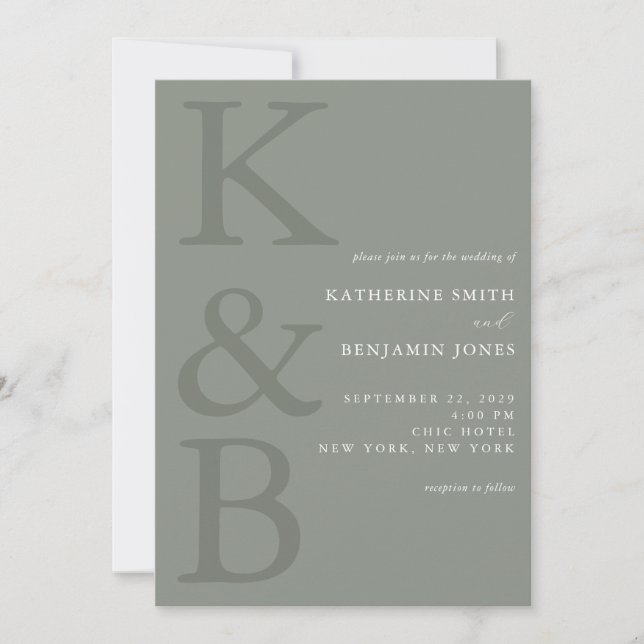 Modern Sage Green Monogram All in One Wedding Invitation (Front)