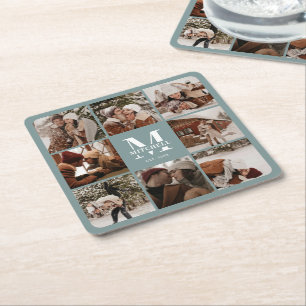 Modern Sage Green Monogram Family Name & Photo Square Paper Coaster