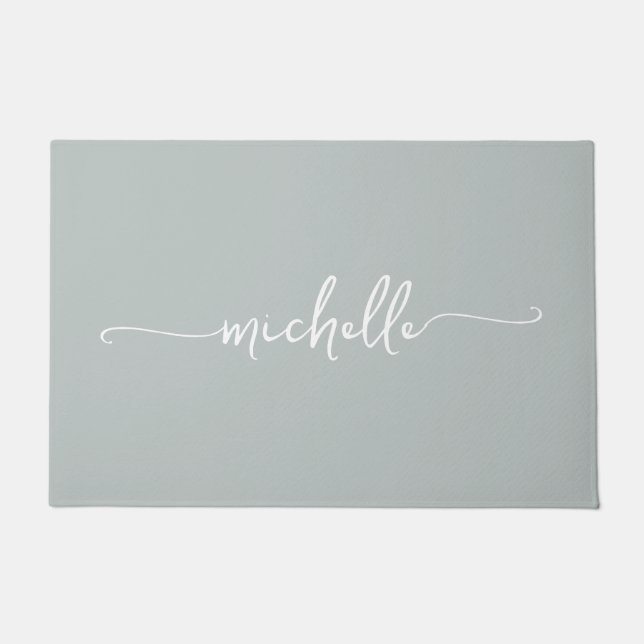Modern Sage Green Monogram Name Script Doormat (Front)