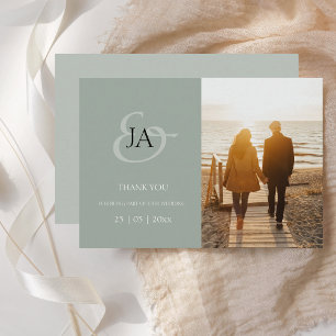Modern Sage Green Monogram Photo Wedding Thank You