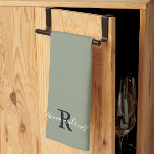 Modern Sage Green Monogram Script Initial Name Tea Towel