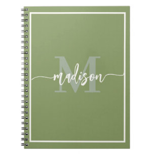 Modern Sage Green Monogram Script Name Notebook