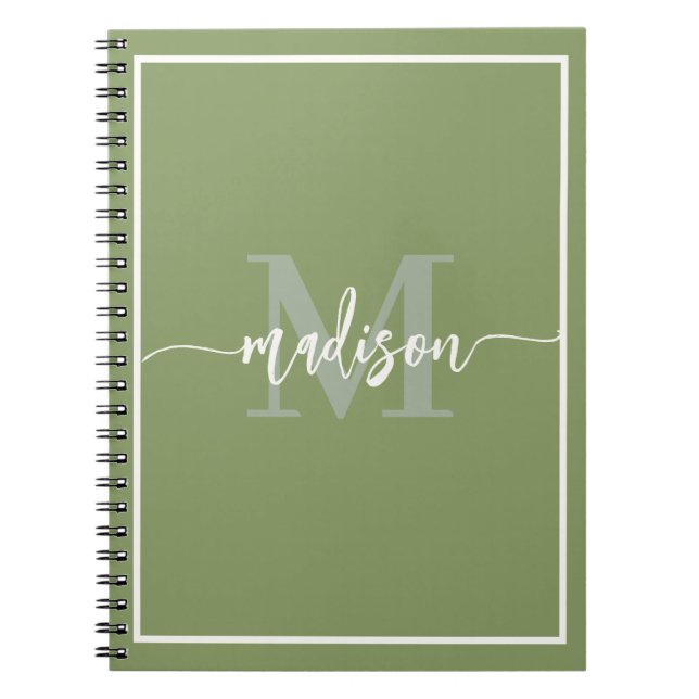 Modern Sage Green Monogram Script Name Notebook (Front)
