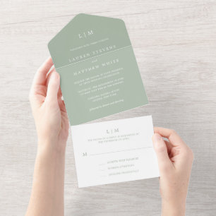 Modern Sage Green Monogram Simple Wedding All In One Invitation