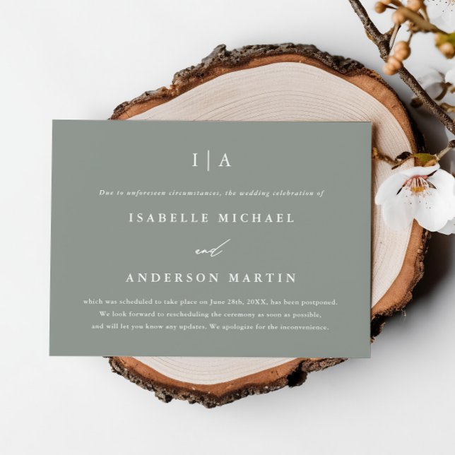 Modern Sage Green Monogram Wedding Postponement Announcement (Creator Uploaded)