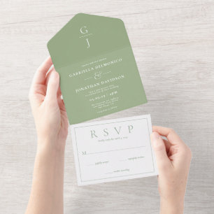 Modern Sage Green Monogram Wedding RSVP  All In One Invitation