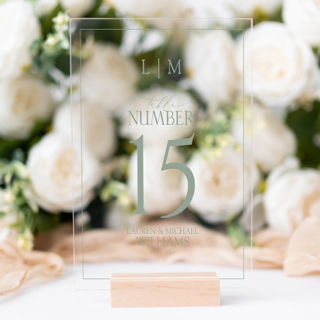 Modern Sage Green Monogram Wedding Table Number Acrylic Sign (Creator Uploaded)
