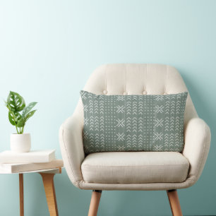 Modern Sage Green Mud cloth African Pattern Lumbar Cushion
