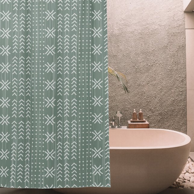 Modern Sage Green Mud Cloth African Pattern Shower Curtain (Creator Uploaded)