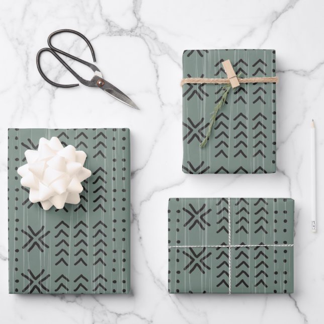 Modern Sage Green Mudcloth African Pattern Wrapping Paper Sheet (Front)