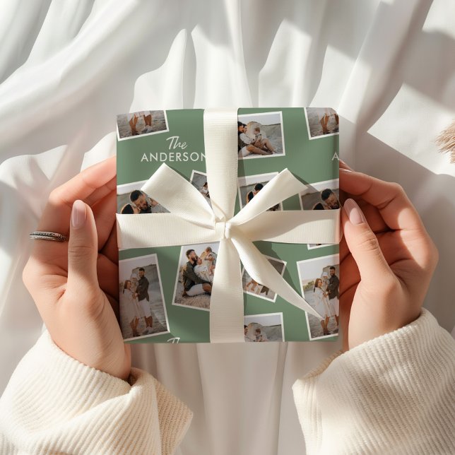 Modern Sage Green Multi Photo Family Collage Wrapping Paper (Creator Uploaded)