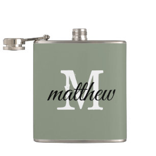 Modern Sage Green Name Monogram Personalised  Hip Flask