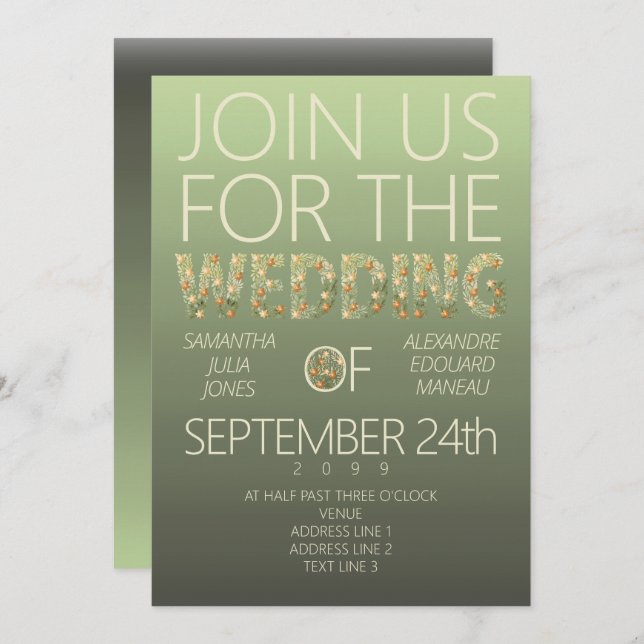 Modern Sage Green Ombre Floral Greenery Wedding Invitation (Front/Back)