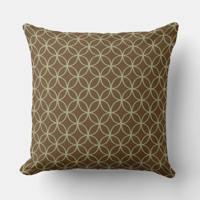 Modern Sage Green On Chocolate Brown Circles Cushion (Front)