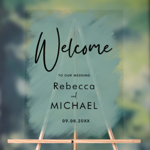 Modern sage green painted wedding welcome  acrylic sign