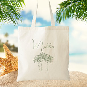 Modern Sage Green Palm Tree Typography Tote Bag