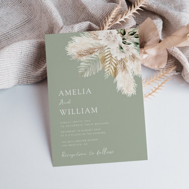 modern sage green pampas grass wedding invitation (Creator Uploaded)