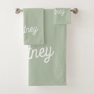 Modern Sage Green Personalised Monogram and Name  Bath Towel Set