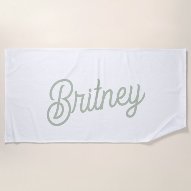 Modern Sage Green Personalised Monogram and Name  Beach Towel (Front)